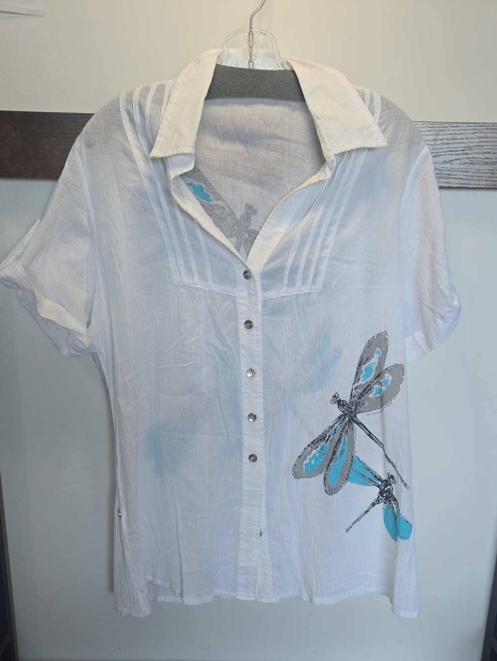 ANDREA Linen White Blouse Teal Turquoise Blue Dragonflies